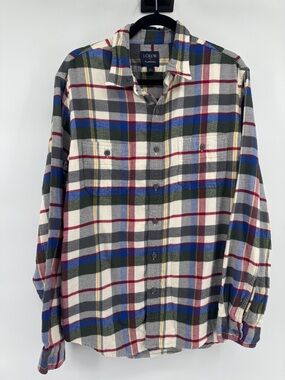 J. Crew 100% Cotton Ivory Multi Plaid Flannel Shirt Men's Size Large Minimalist
